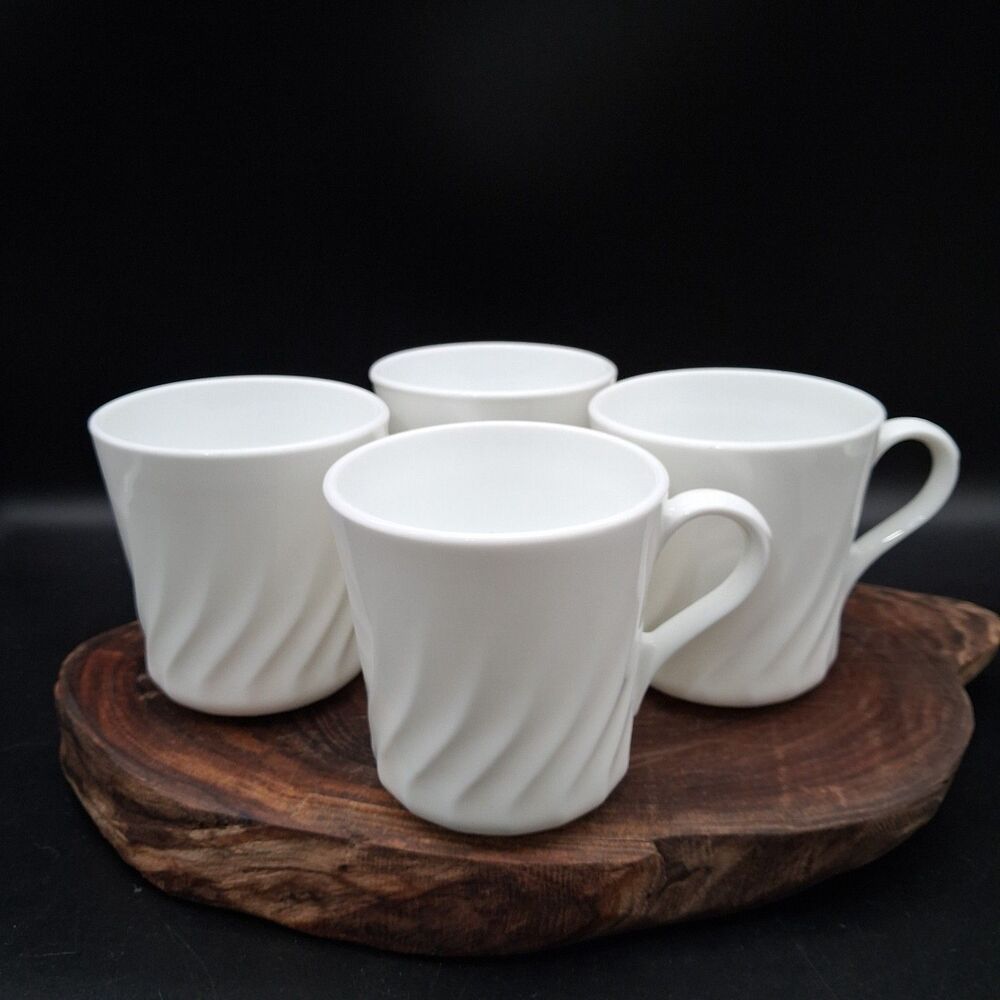 Vintage Corning Ware White Embossed Swirl Coffee Mugs Set of 4 USA